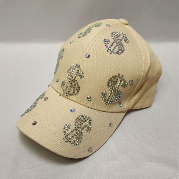 Aroura Borealis Rhinestone Dollar Sign Beige Baseball Cap - Picture 4 of 14
